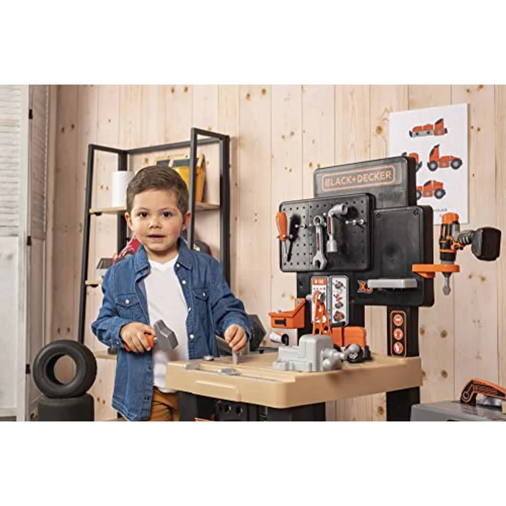 Smoby Toys - Black+Decker Mega Werkbank Center (100 Teile) - Spielzeug-Werkstatt für Kinder ab 3 Jahren mit Werkzeug, Nagelbrett, Autobausatz & mechanischem Akkuschrauber – Bild 13