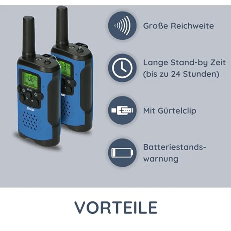 Alecto FR-115 Set von Zwei Walkie Talkies für Kinder - Walki Talki mit Reichweite bis zu 7 Kilometer - 8 Kanäle - Integrierte Taschenlampe - Beleuchtetes Display - Blau/Schwarz – Bild 2