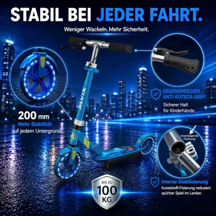 ALVIX Kinder-Scooter mit Handbremse, 200mm LED-Leuchträder, höhenverstellbar, faltbar, Tragetasche, bis 100 kg – Bild 5