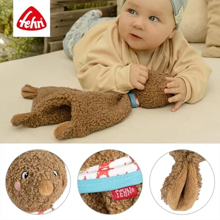 Fehn Schmusetuch Bär, kuscheliges Schnuffeltuch für Babys mit verschiedenen Stoffen zur Förderung von Tast- und Greifsinn – Bild 4