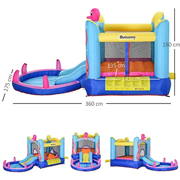 Outsunny Hüpfburg, aufblasbare Spielburg mit Rutsche und Gebläse, Mehrfarbig, 360 x 175 x 180 cm, für Außenbereich, Oktopus-Design, bis zu 3 Kinder, inkl. Zubehör. – Bild 6