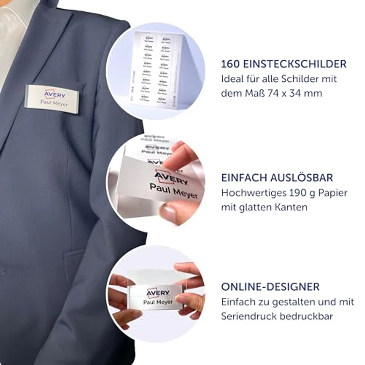 AVERY Zweckform Namensetiketten, 160 Stück, weiß, 74,0 x 34,0 mm, bedruckbar mit InkJet und Laser, ablösbar – Bild 2