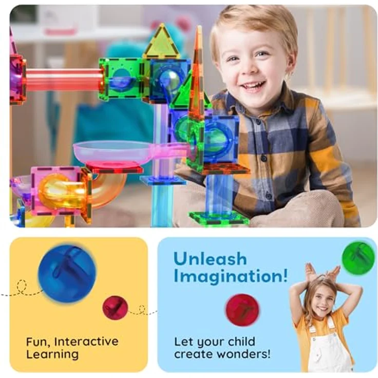 PicassoTiles Murmelbahn 50-teilige Magnetfliesen-Rennbahn Spielzeug-Set, Bauen & Lernen, pädagogische Magnetkonstruktion, Kinder-Gehirn-Entwicklungs-Kit | Jungen Mädchen ab 3 Jahren, bunt – Bild 3