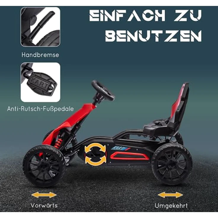 HOMCOM Go-Kart Kinderfahrzeug mit verstellbarem Sitz, Tretauto, Outdoor, für Kinder, Rot, Handbremse, 4-fach verstellbarer Sitz, EVA-Räder – Bild 5