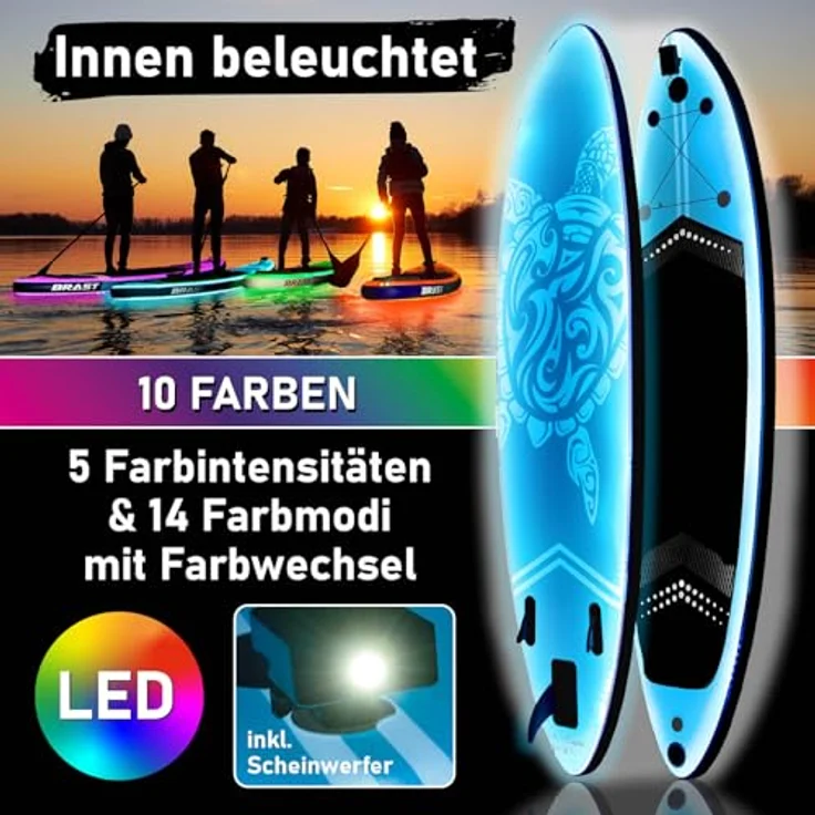 BRAST® SUP Board mit LEDs, aufblasbares Stand up Paddling Set, 320x81x15cm, 10 Farben LED-Beleuchtung, 5 Jahre Garantie, 2in1 Paddel Kajak-Sitz, inkl. Action-Cam-Halterung und Fußschlaufe – Bild 2