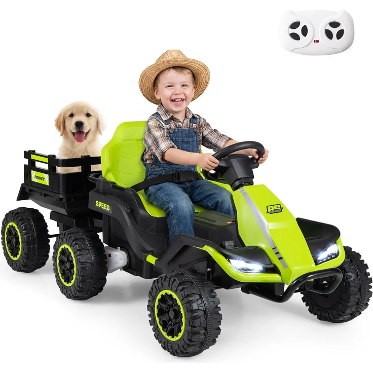 COSTWAY 24V Elektro Traktor, Aufsitztraktor mit abnehmbarem Anhänger, LED-Scheinwerfer und 2 Fahrmodi, elektrisch mit Fernbedienung für Kinder ab 3 Jahren