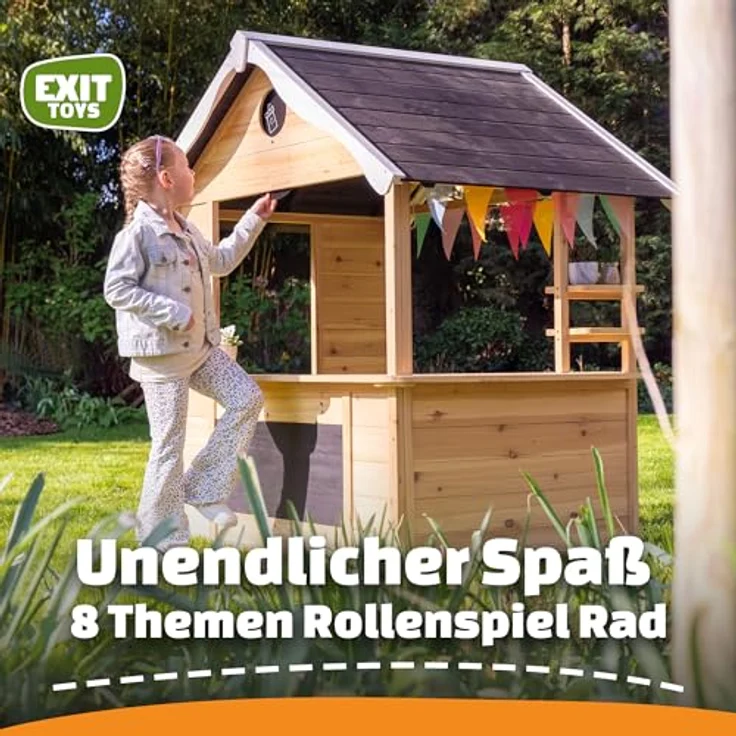 EXIT Toys Hika Holzspielhaus für Draußen, mit Rollenspieldrehrad und 8 Themen, Kreidetafel, Briefkasten, aus 100% FSC-zertifiziertem Zedernholz, 111x140x155cm, für Kinder ab 2 Jahren – Bild 2