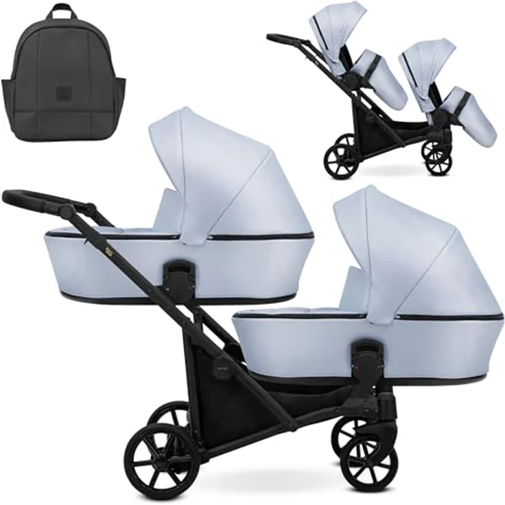Kunert BRAV DUO 2in1 Doppelkinderwagen, hellblau mit Gelrädern und schwarzem Rahmen – Bild 1