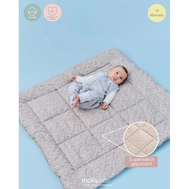 Molis&co Krabbelmatte für Babys, faltbar und tragbar, 100 x 100 cm, gepolstert, Baumwolle, Peony, OEKO TEX 100 – Bild 3