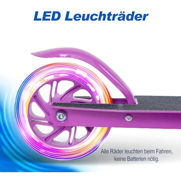 Habib Gruppe Kinderroller Tretroller & Scooter, klappbar, mit 4-fach höhenverstellbarem Lenker, LED-Rädern, für Kinder 3-10 Jahre, lila – Bild 5
