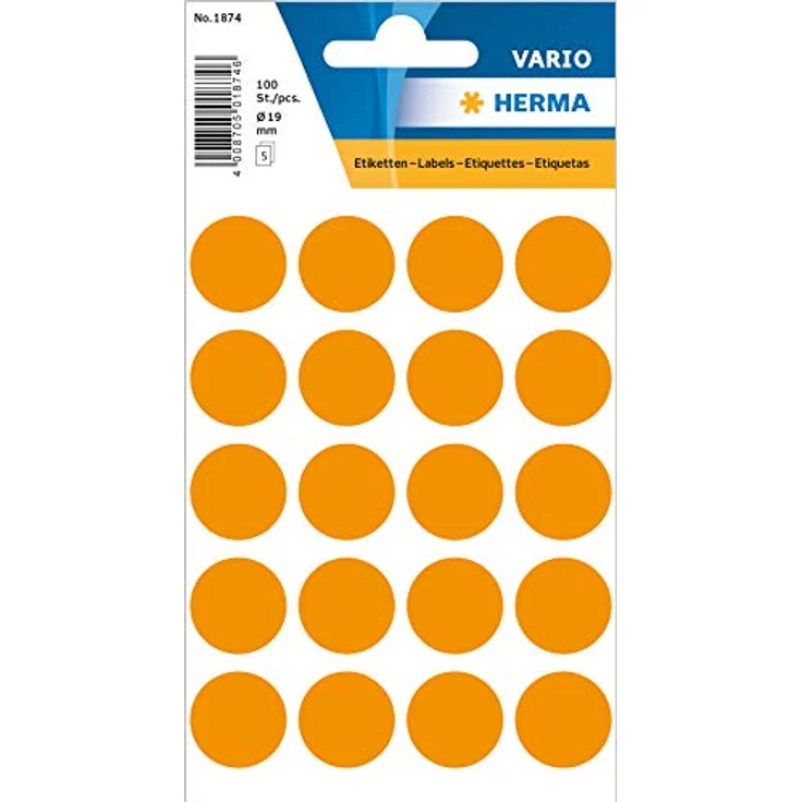 HERMA 1874 Punktaufkleber Klebepunkte leuchtorange, 5 Blatt, Ø 19 mm, 20 Stück pro Bogen, 100 Aufkleber, selbstklebend, Markierungspunkte zum Beschriften, matt, blanko Farbpunkte aus Papier – Bild 1
