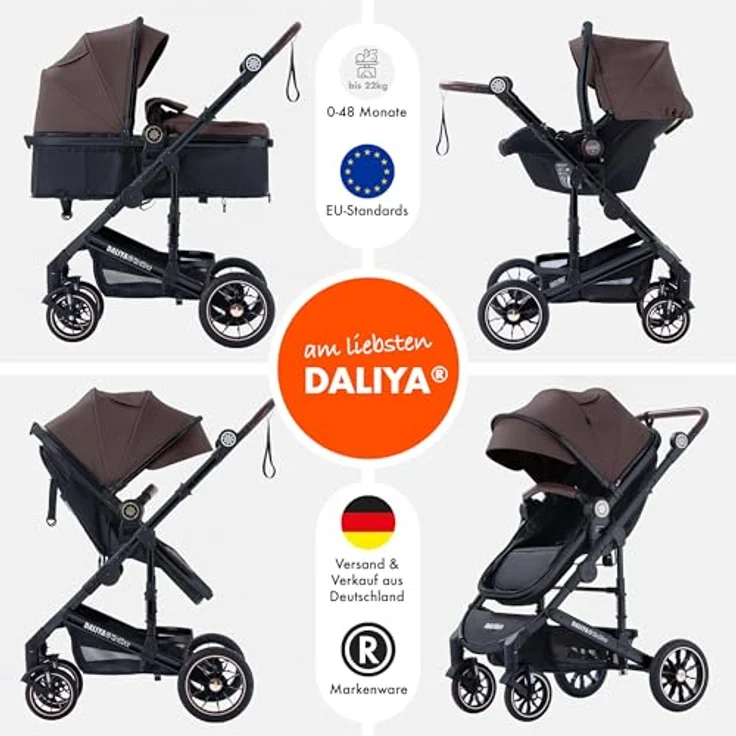 Daliya® NEOMOVE 3in1 Kinderwagen, Buggy & i-Size Babyschale | Alu-Rahmen | Großer Einkaufskorb | Stadt & Gelände (Schwarz-Weinrot) – Bild 2