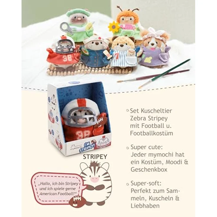 NICI Kuscheltier Zebra Stripey 8cm mit Footballkostüm und Football in Geschenkbox, braun, mymochi Kawaii-Design, weich und kuschelig – Bild 3