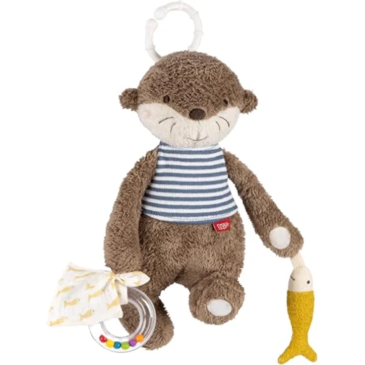 Fehn Greifspielzeug Otter Theo, Activity-Otter mit Rasselring und Glöckchen, zur Befestigung an Kinderwagen, Babyschale oder Bett, für Babys ab 0 Monaten – Bild 1