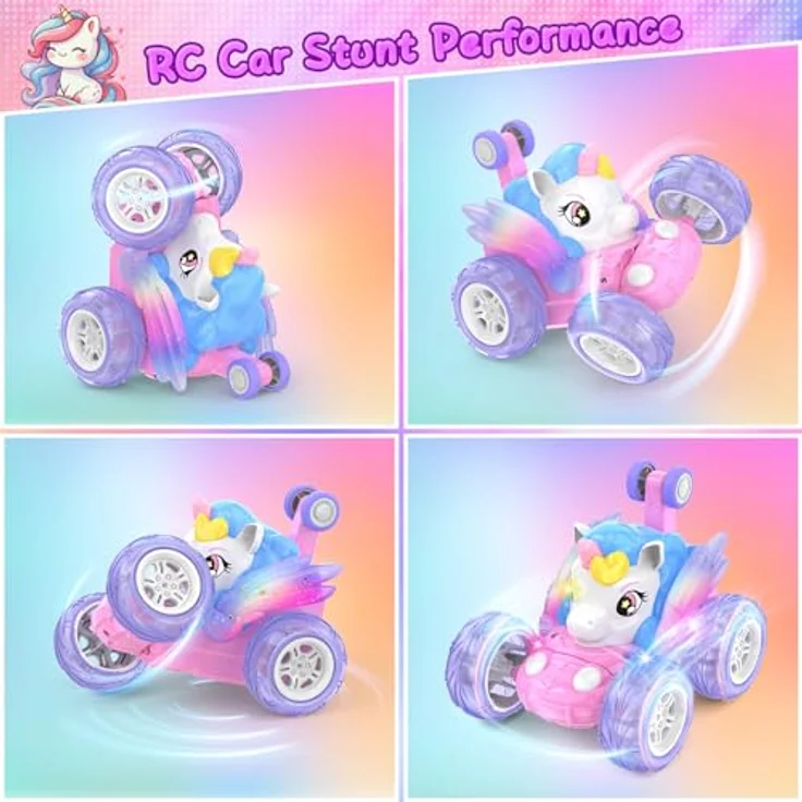 FUIOCOCP Ferngesteuertes Einhorn Auto, 2.4GHz RC Stunt Monstertruck mit Leuchtenden Flügeln, für Kinder ab 3 Jahren, Rosa – Bild 2