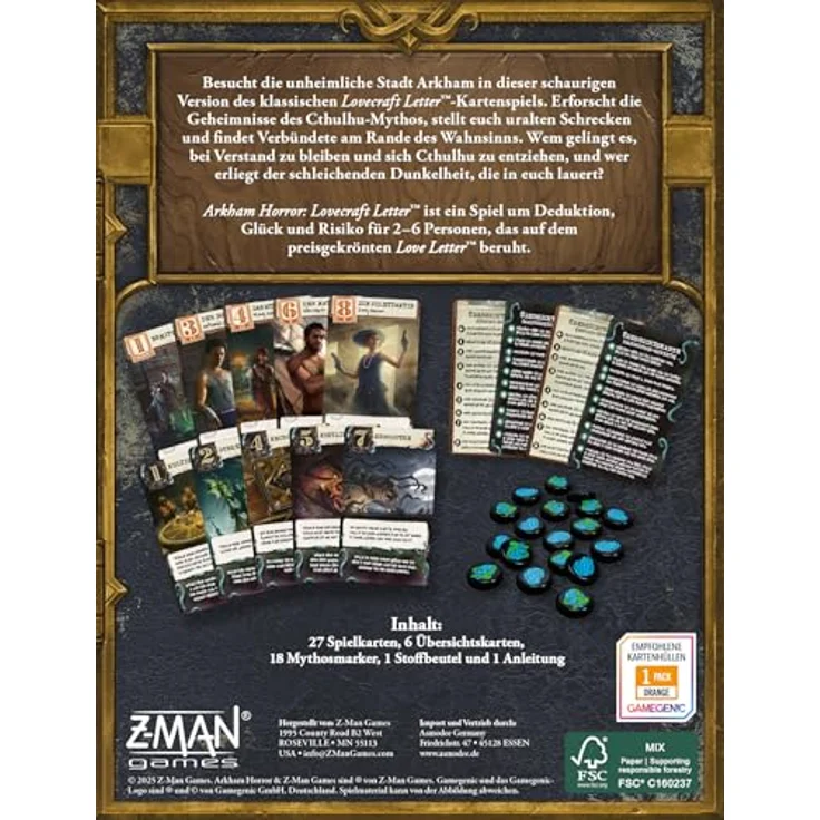 Z-Man Games Arkham Horror: Lovecraft Letter, Kartenspiel für 2-6 Spieler, ab 14 Jahren, 30-45 Minuten Spielzeit, Deutsch – Bild 4