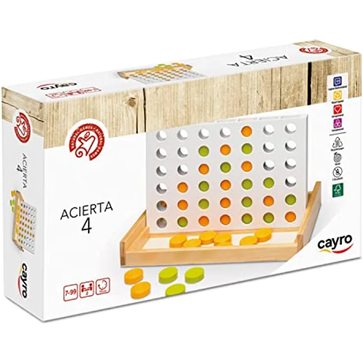 Cayro Hit 4, vertikales Brettspiel für 2 Spieler, 4 in einer Reihe, mit grünen und orange Chips, geeignet für Kinder ab 7 Jahren