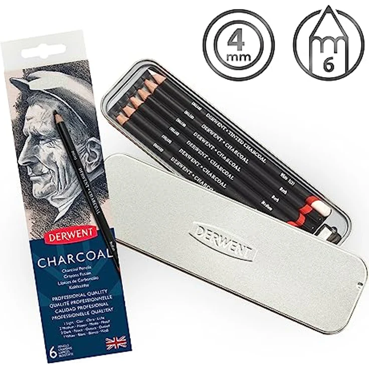 Derwent Kohlestifte, Zeichnen & Schreiben, 6er-Set, Hell, Mittel, Dunkel & Getöntes Kohleweiß, Ideal zum Mischen & Verwischen, Inkl. Spitzer, Professionelle Qualität, 0700838 – Bild 3