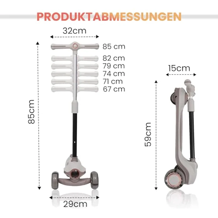 Habib Gruppe Kinderroller Tretroller 3-Rad mit LED Front- und Rücklicht, Höhenverstellbar, rutschfest, faltbar, pannensicher für Kinder (3-10 Jahre), Braun – Bild 3