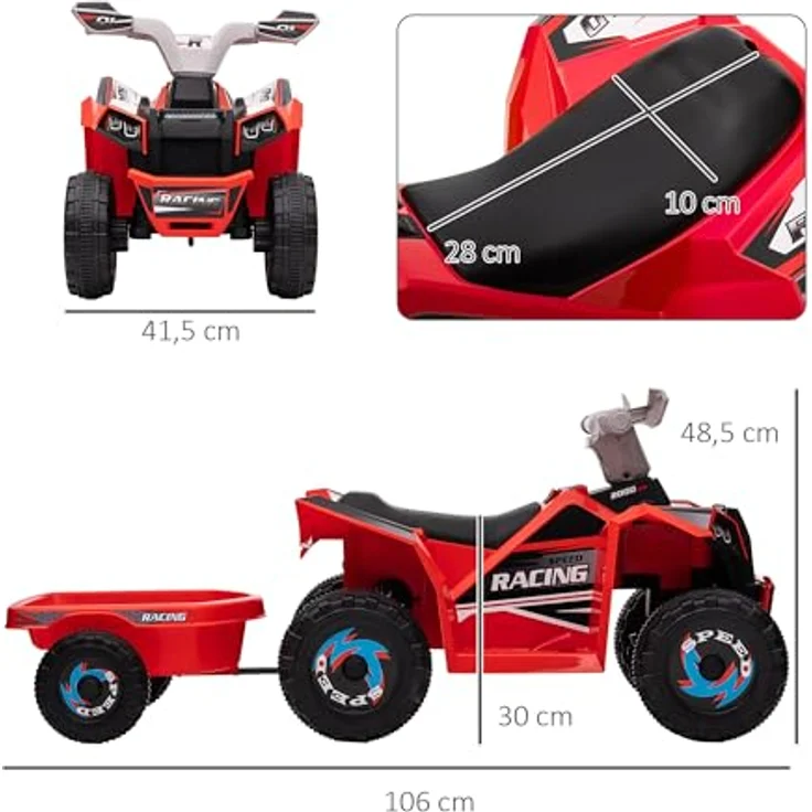 HOMCOM Elektro-Kinderquad 6V Kinderquad, Elektroauto mit Anhänger, Belastbarkeit 25 kg, für Kinder, Rot – Bild 5