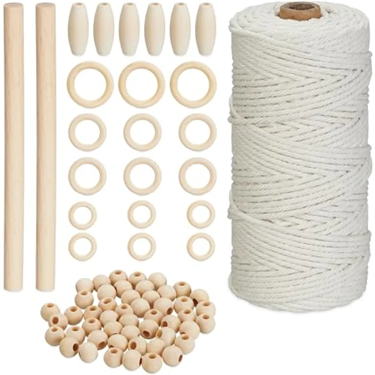 relaxdays Kreativset Makramee Set, 109 m Baumwollgarn mit 56 Holzperlen und 15 Holzringen, weiß/natur – Bild 1