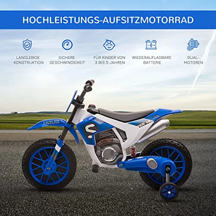 HOMCOM Elektro-Kindermotorrad Elektrofahrzeug Blau+Weiß, mit 2 abnehmbaren Stützrädern, Belastbarkeit 30 kg, 106.5L x 51.5B x 68H cm – Bild 3