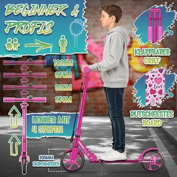 RE:SPORT Cityroller RE:SPORT® Trailz, höhenverstellbar & klappbar, 200mm Räder, inkl. Tragegurt & Klingel, bis 100 kg belastbar, für Kinder & Erwachsene – Bild 3