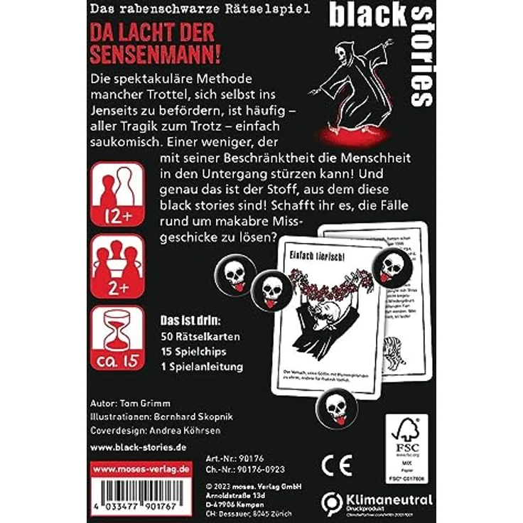 moses. Black Stories Da lacht der Sensenmann! - Krimi Kartenspiel mit Spielvariante und Punktechips, handliches Rätselspiel für Jugendliche und Erwachsene – Bild 3