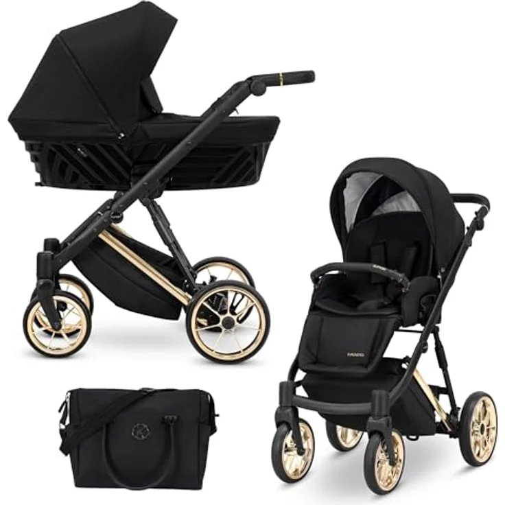 Kunert Ivento Premium 2in1 Kinderwagen, Goldrahmen in Schwarz, mit Allradaufhängung und verstellbarem Fünfpunktsicherheitsgurt – Bild 1