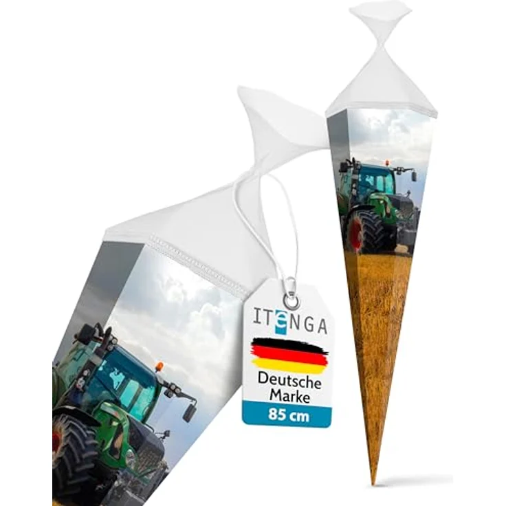 itenga Schultüte 85cm Traktor auf dem Feld, 6-eckige Zuckertüte aus robustem Karton mit Tüllverschluss, für Jungen und Mädchen zur Einschulung – Bild 3