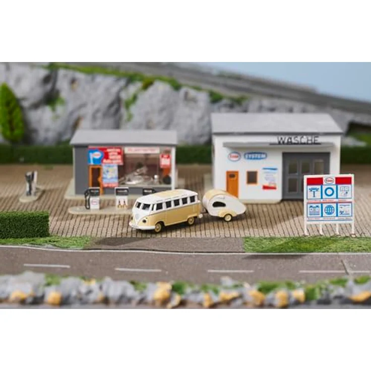 Carson 500504164 1:87 VW T1 Samba Bus mit Wohnwagen 2.4GHz 100% - RC Modell, LED-Beleuchtung, hochwertige Qualität, H0 Auto, Diorama Fahrzeug, blau – Bild 5