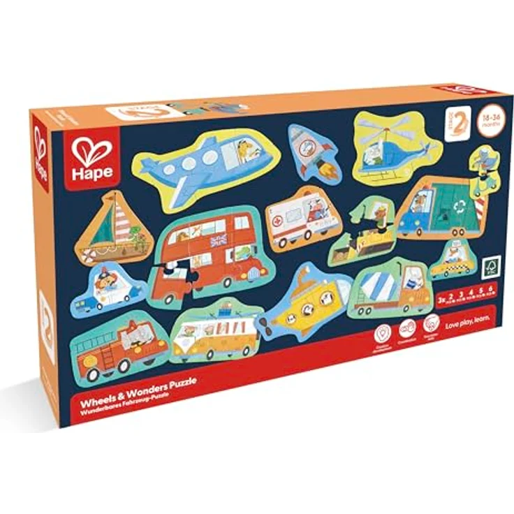 Hape Wunderbares Fahrzeug-Puzzle, Set mit 15 klassischen Fahrzeug-Puzzles zur Förderung von Motorik und Problemlösungsfähigkeiten – Bild 3