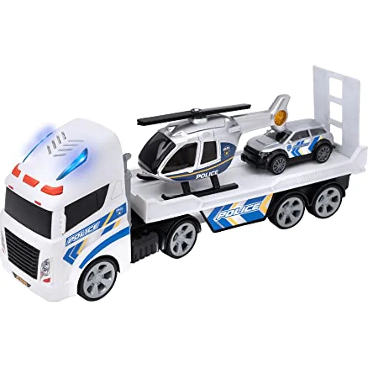 Teamsterz Police Vehicle Transporter, Spielzeug-Transporter mit Polizeiauto und Hubschrauber, Multicolor, Freilaufend mit Lichtern und Geräuschen, Offizielles Produkt (CyP Brands)