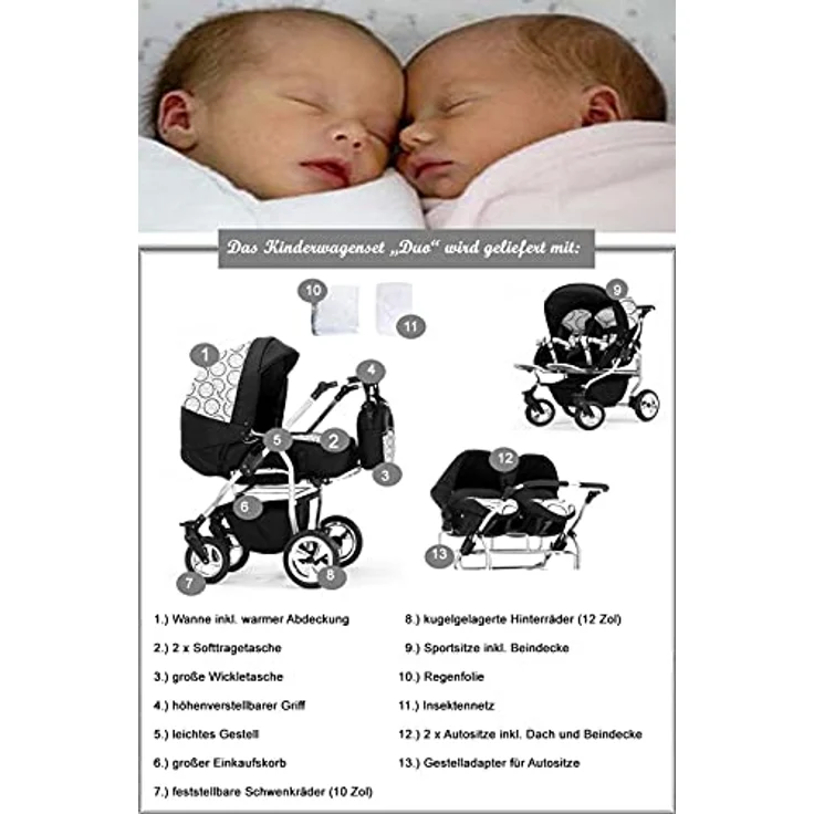 Elcar Zwillingskinderwagen 4 in 1 Duo inkl. Autositze - 13 Teile - in 20 Farben - Preisvergleich – Bild 5