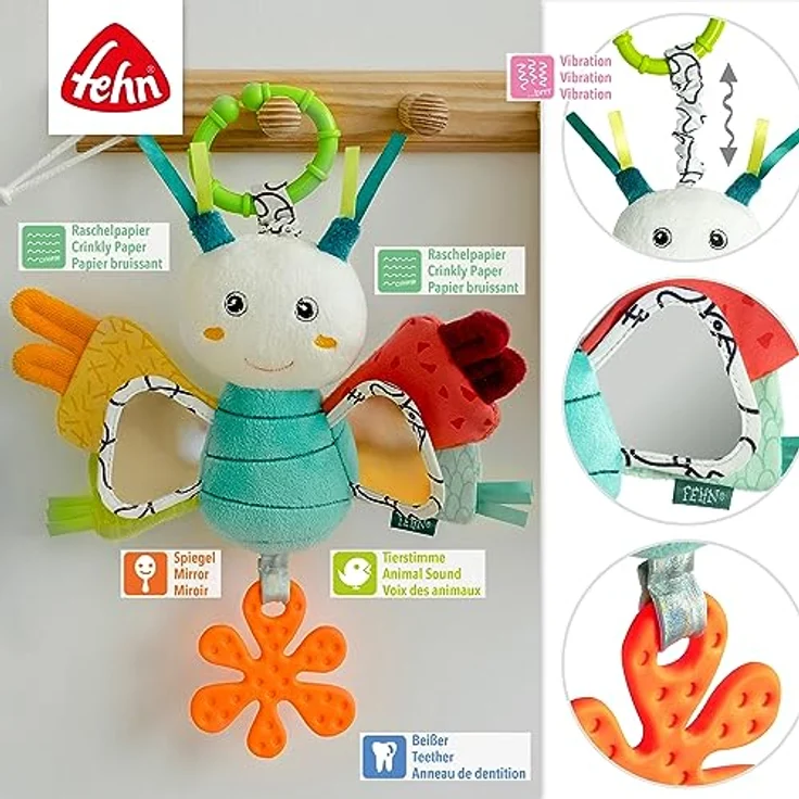Fehn Activity-Schmetterling – Motorikspielzeug für Kinderwagen, Kinderbett & Babyschale – zum Beißen, Greifen, Geräusche erzeugen – für Babys & Kinder ab 3+ Monaten – Bild 3