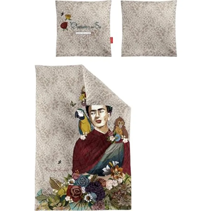 Irisette Mako Satin Bettwäsche I Frida Kahlo I Beige I 135x200, 100% Baumwolle, bügelleicht, trocknergeeignet