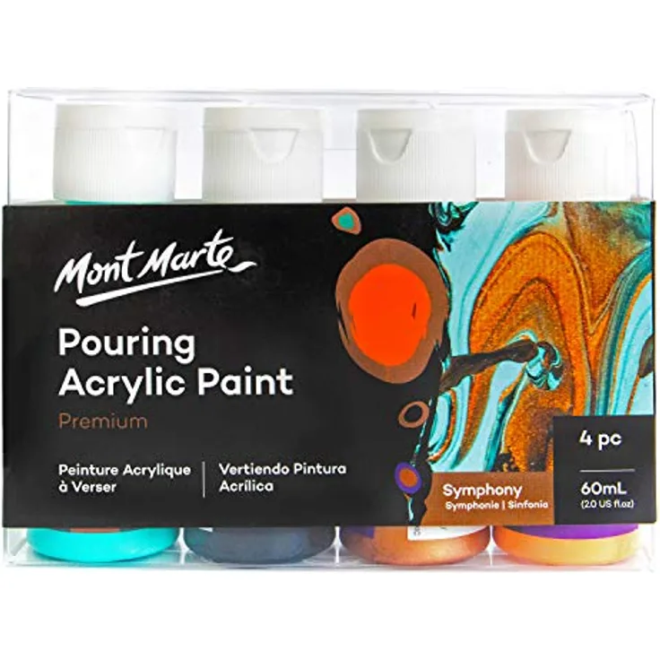 Mont Marte Pouring Set Symphonie, 4 x 60ml Acrylfarben mit Pouring Medium, Türkis, Lampen Schwarz, Bronze, Orange