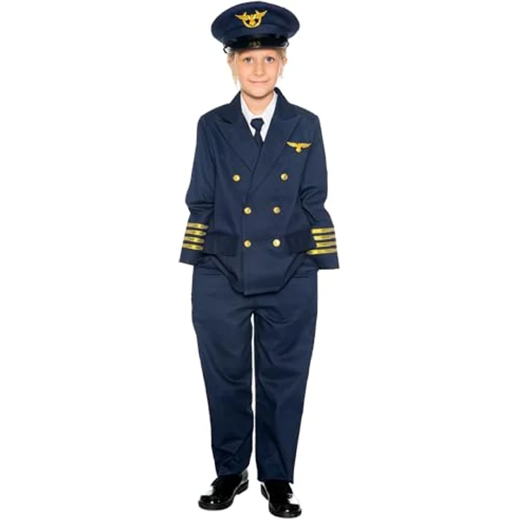 Maskworld Realistisches Piloten Kinder-Kostüm - Verkleidung Uniform Anzug für kleine Flugzeugführer - Karneval Fasching & Halloween - Größe 168, Blazer mit Hemdeinsatz, Hose, Krawatte und Mütze – Bild 2