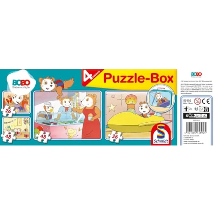 Schmidt Spiele Bobo Siebenschläfer Puzzle im Metallkoffer, 4 Kinderpuzzles mit 2x26 und 2x48 Teilen, bunt, empfohlen ab 4 Jahren, exklusiv bei Amazon – Bild 2