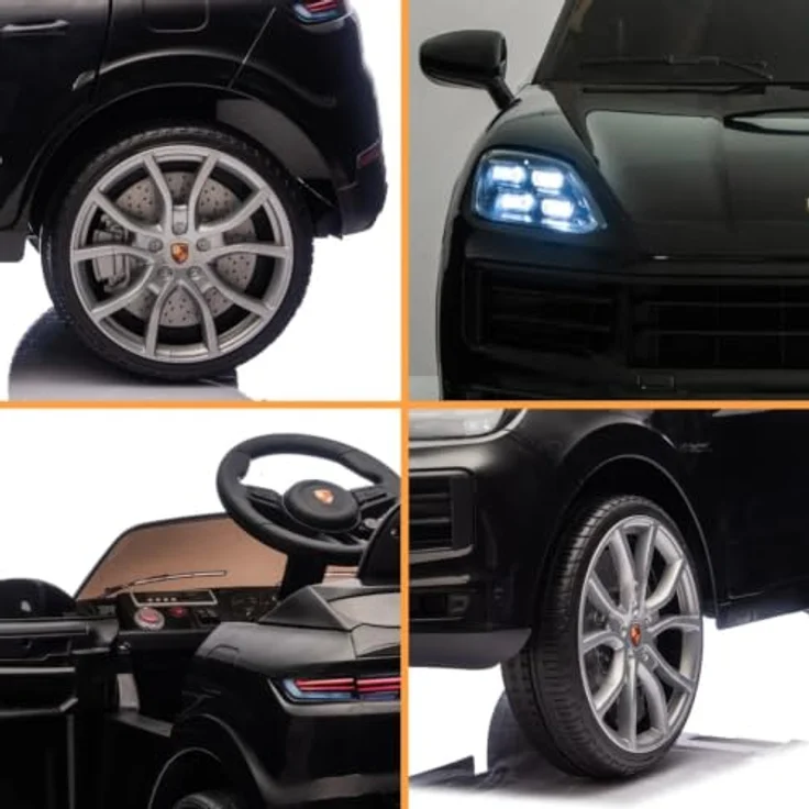 Vrooomy Porsche Cayenne Elektro-Kinderauto 12V, mit Fernbedienung, für Kinder 1-5 Jahre, schwarz, sanfte Beschleunigung, LED-Scheinwerfer, Sicherheitsgurt – Bild 8
