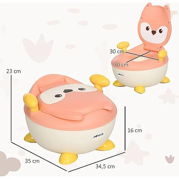 ZONEKIZ Toilettentrainer Kindertoilette Fuchs-Design, ergonomische Rückenlehne, Spritzschutz, herausnehmbarer Innentopf, für Kleinkinder von 6 Monaten bis 3 Jahre, rosa/weiß/gelb – Bild 7
