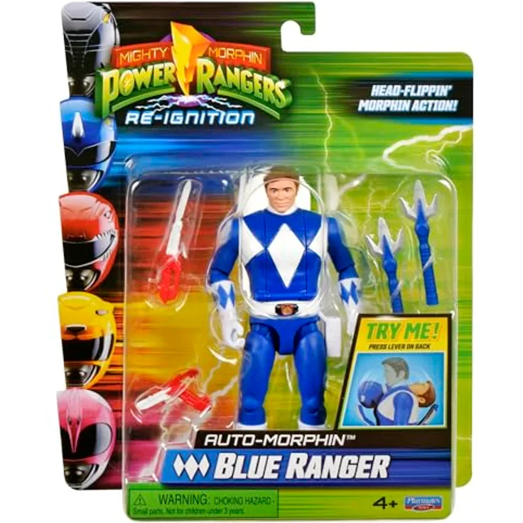 Playmates Power Rangers Mighty Morphin Auto-Morphin Blue Ranger Actionfigur, verformbar mit Power Lanze und Blade Blaster, mehrgleisig, Billy Cranston Design