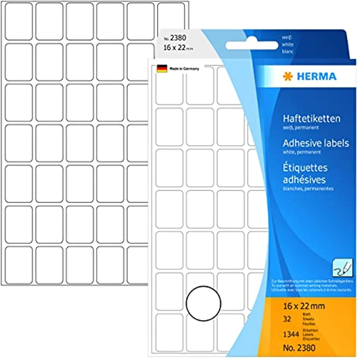 HERMA 2380 Etiketten weiß, 32 Blatt, 16 x 22 mm, 42 pro Bogen, 1344 Aufkleber, selbstklebend, Vielzweck Klebeetiketten zum Beschriften, Universal Haftetiketten aus Papier, blanko – Bild 1