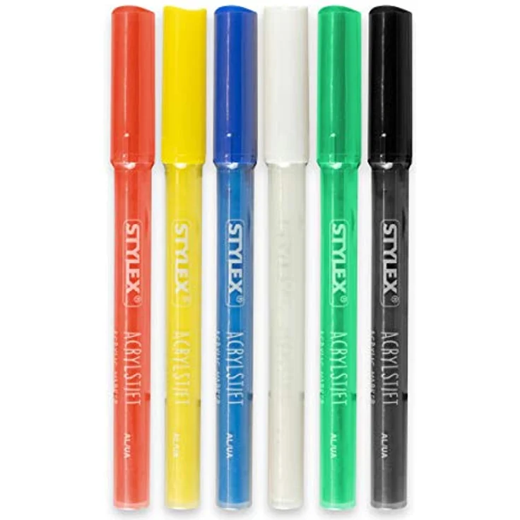 Stylex 32817 - Acrylstifte, 6 Stück, in den Farben gelb, rot, blau, grün, schwarz, weiß, Strichstärkte 1 - 2 mm, in praktischer Faltschachtel, zum dauerhaften Beschriften von Stein, Glas und Stoff – Bild 2