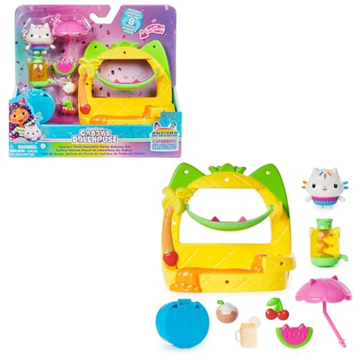 Gabby's Dollhouse Balkon-Spielset Kuchis Saftbar, 8-teilig mit Katzenfigur - Katz-tastisches Puppenhaus-Balkonspiel für Kinder ab 3 Jahren