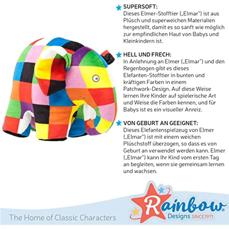 Rainbow Designs Elmer („Elmar“) der Elefant, 20cm, Super Soft Plüschstofftier in bunten Farben für Kleinkinder und Babys – Bild 4