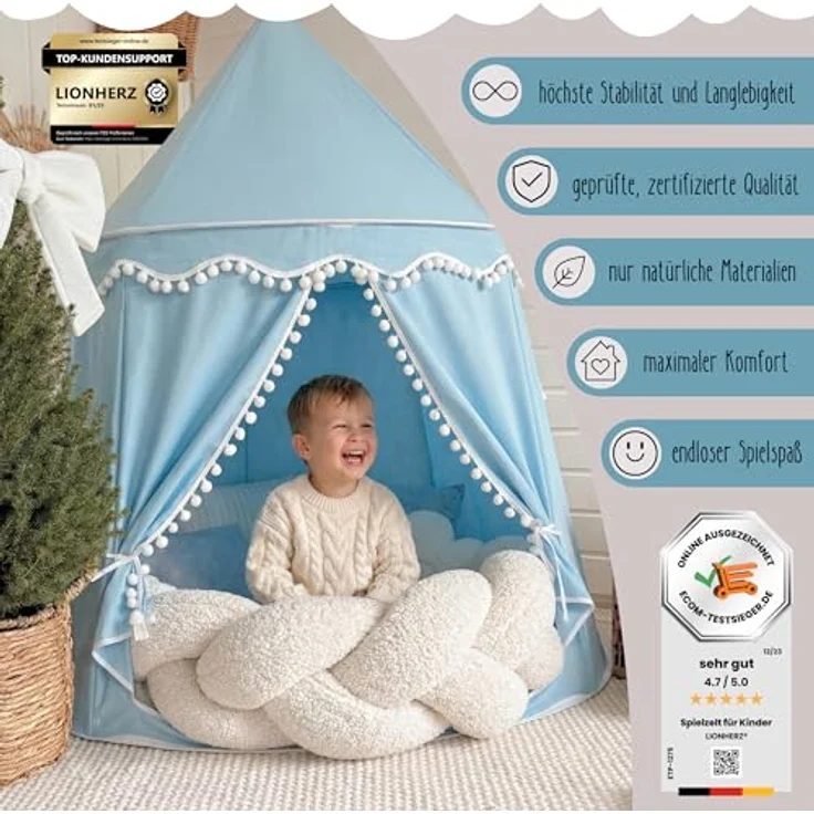 LIONHERZ® DAS ORIGINAL Spielzelt, atmungsaktiv aus Baumwolle&Hanf, Prinzenschloss mit Fiberglasstangen, tragbare Indoor-Tipi in Himmelblau, ohne Zubehör – Bild 2