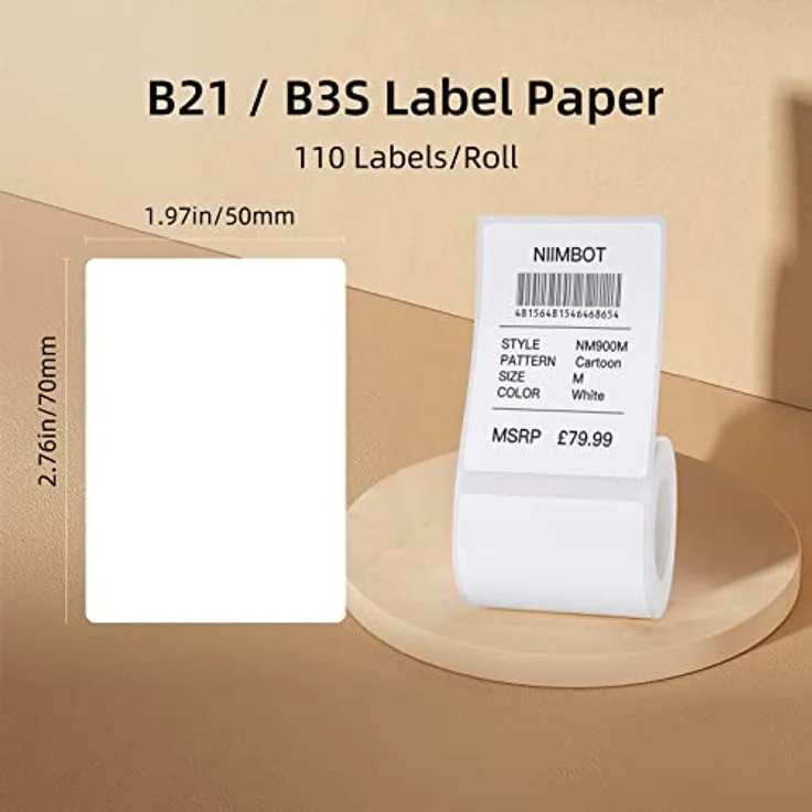 NIIMBOT B21/B3S Etikettierband, wasserdicht, selbstklebend, 50 x 70 mm, 1 Rolle mit 110 Stück (weiß) – Bild 2