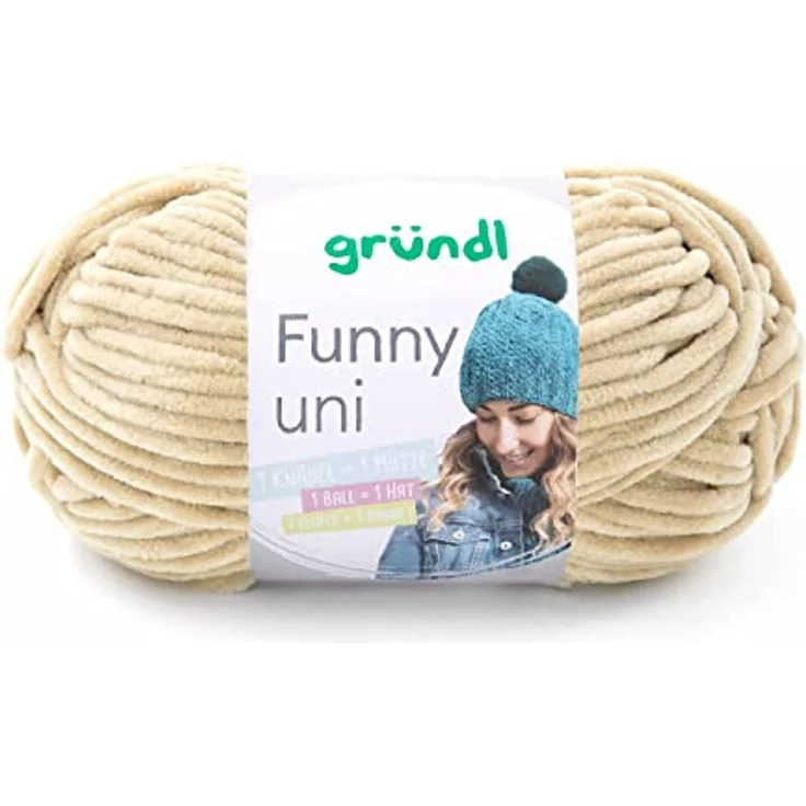 Gründl Funny uni Strick- & Häkelgarn (samtartiges Chenille-Garn aus 100% Polyester, 100 g / 120 m, Nadelstärke: 5-6, 1 x 100 g), Beige – Bild 1