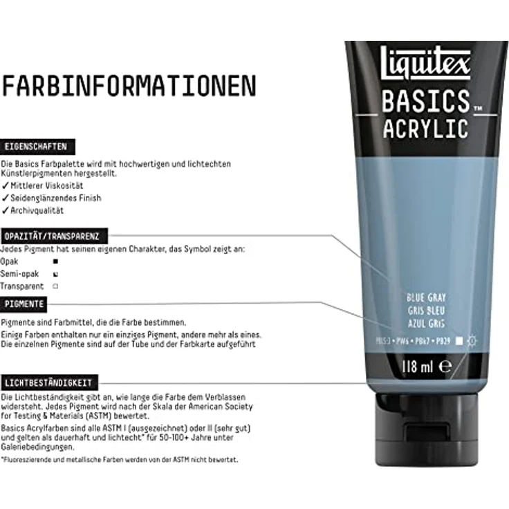 Liquitex Basics 8870081 Acrylfarbe Blaugrau, 118ml Tube, lichtecht, mittlere Viskosität, seidenglänzend, monopigmentiert, Archivqualität – Bild 3